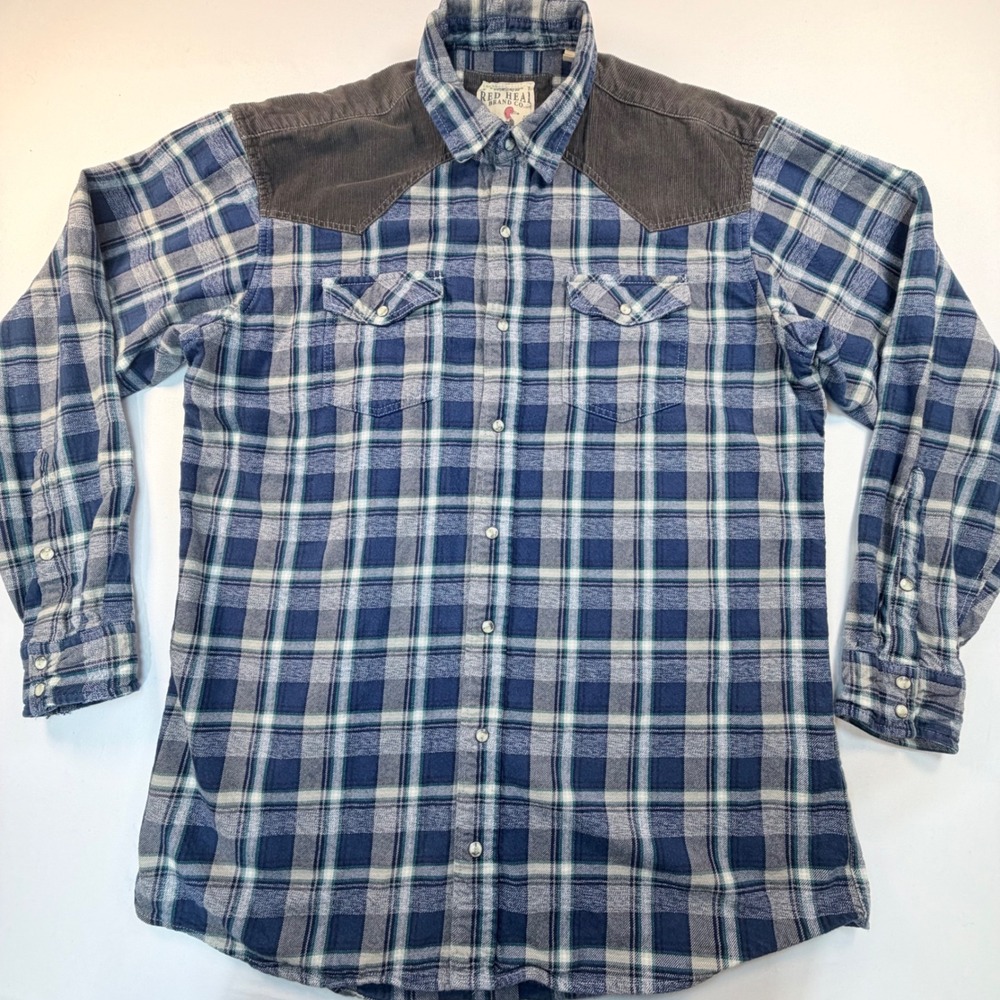 Red Head Brand Co Mens Tall Plaid Flannel Pearl Snap Western Shirt Corduroy Yoke